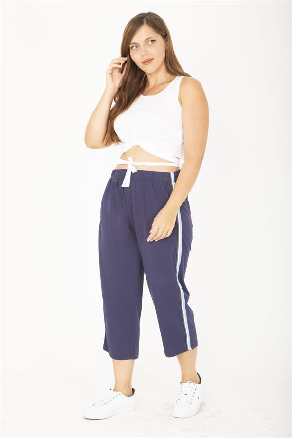 Kadın Büyük Beden Mavi Pamuk Kumaş Yan Şeritli Fermuarlı Tek Cepli Eşofman Alt 65N36809