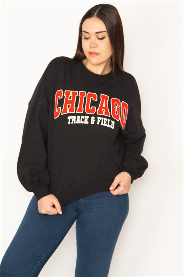 Kadın Siyah Nakış Detaylı Ribanalı Sweatshirt 65N31390