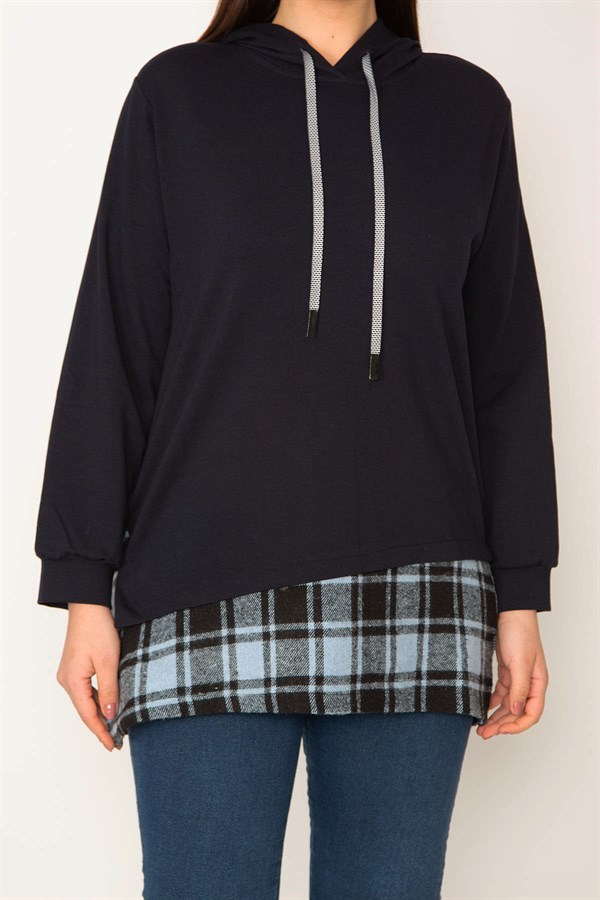 Kadın Kemik Kapşonlu Etek Ucu Ekose Garnili Sweatshirt 65N31947