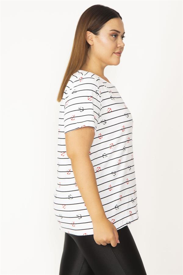Kadın Beyaz Büyük Beden Pamuklu Kumaş Marin Desenli Bisiklet Yaka Kısa Kollu Bluz 65N35769