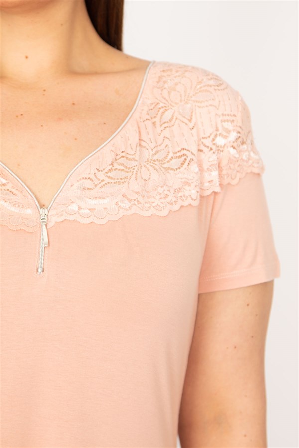 KADIN SOMON ÖN PATI FERMUARLI DANTEL DETAYLI BLUZ