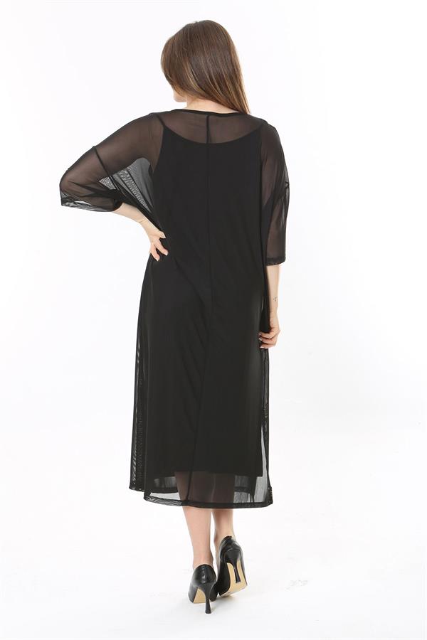 Kadın Büyük Beden Siyah İçi Askılı İki Parça Tül Elbise 65N37774