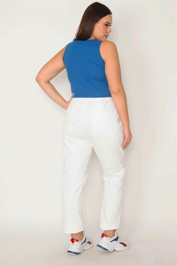 Kadın Büyük Beden Beyaz Yırtık Detaylı Likrasız Kot Pantolon 65N36836