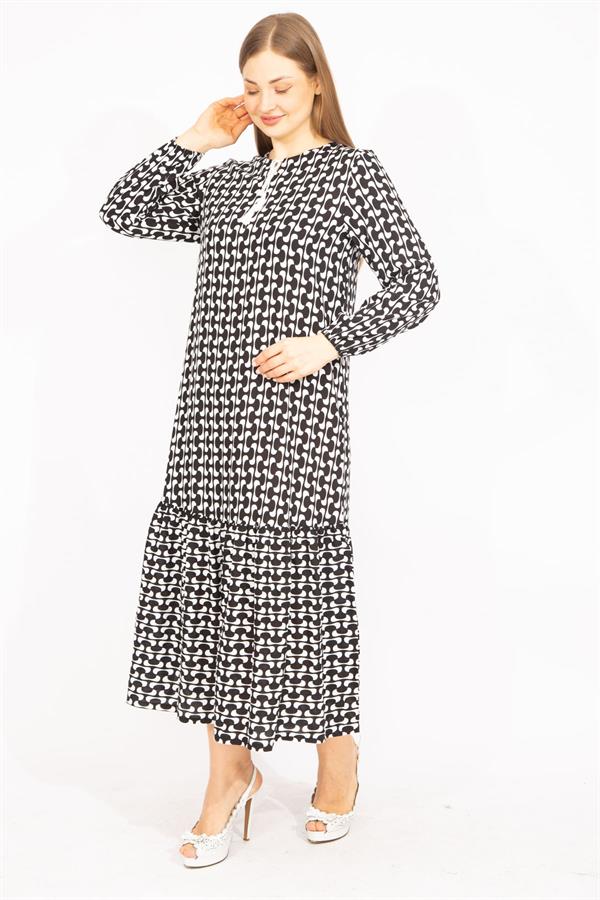 Kadın Siyah Dokuma Viskon Kumaş Etek Ucu Katlı Uzun Kollu Elbise 65N35513