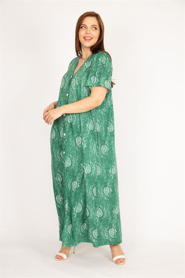 Kadın Siyah Büyük Beden Ön Boy Düğmeli Cepli Uzun Elbise