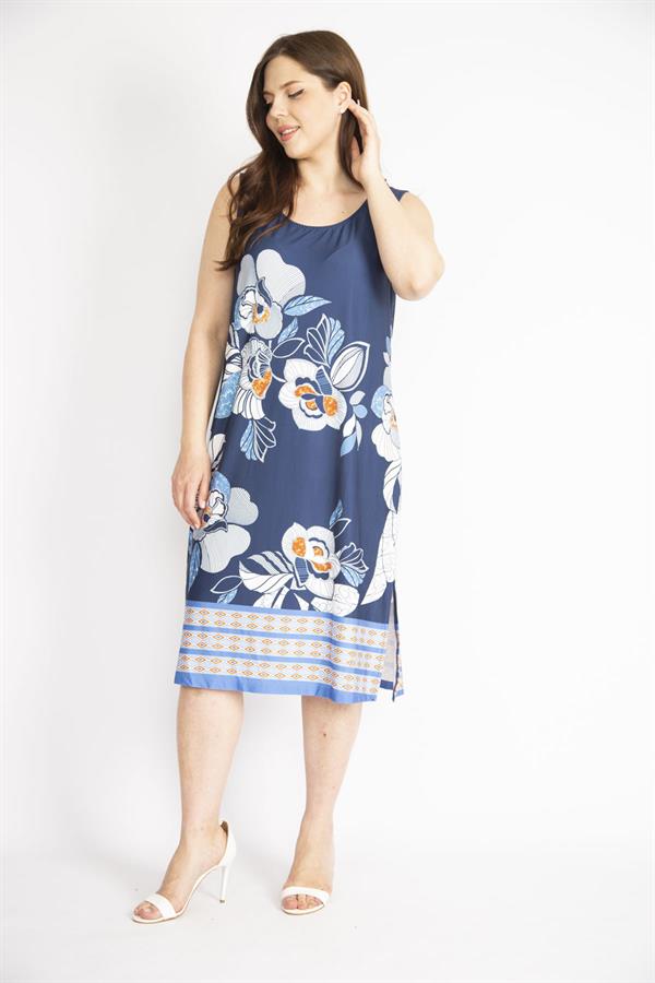 Kadın Lacivert Büyük Beden Yan Yırtmaçlı Kolsuz Elbise