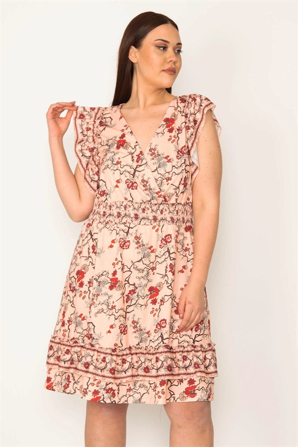 KADIN RENKLİ BELİ GİPE LASTİKLİ ANVELOP YAKA KOL VE ETEK UCU FIRFIRLI KATLI ELBİSE