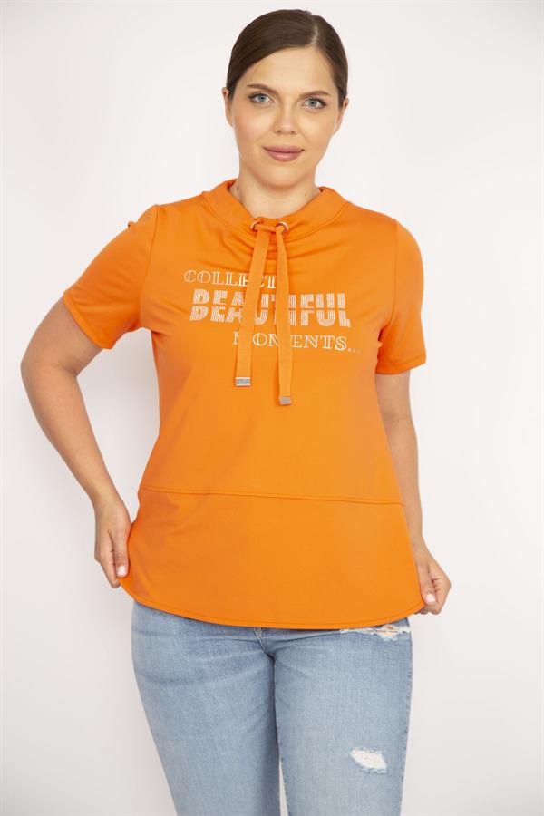 Kadın Oranj Büyük Beden Yakası Kuşgözü Bağcık Ve Taş Detaylı Sweatshirt
