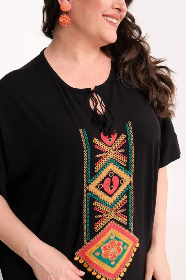 Kadın Büyük Beden Siyah, Nakış Rahat Kesim Elbise 65N39441