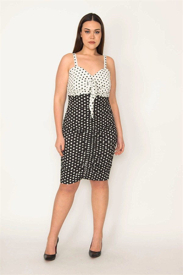 WOMEN'S BLACK SHIRT-DETAILED POINT PATTERNED STRAP DRESS