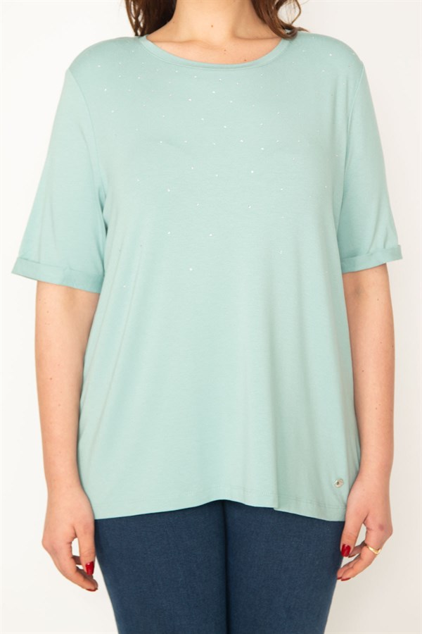 KADIN YEŞİL ÖNÜ TAŞ DETAYLI DUBLE KOL BLUZ