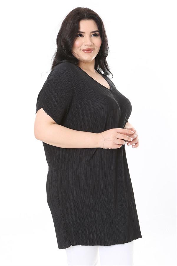 Kadın Büyük Beden Siyah V Yakalı Düşük Kollu Uzun Bluz 65N37999