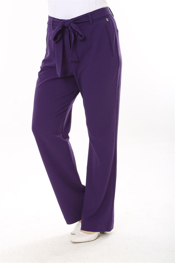 Kadın Büyük Beden Mor Yan Cepli Beli Kuşaklı Likralı Klasik Pantolon 65N37568