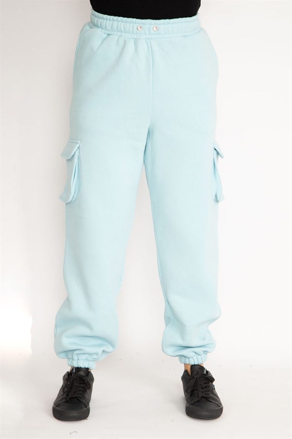 Kadın Mavi İçi Şardonlu 3 İplik Kargo Cepli Eşofman Alt 65N35097