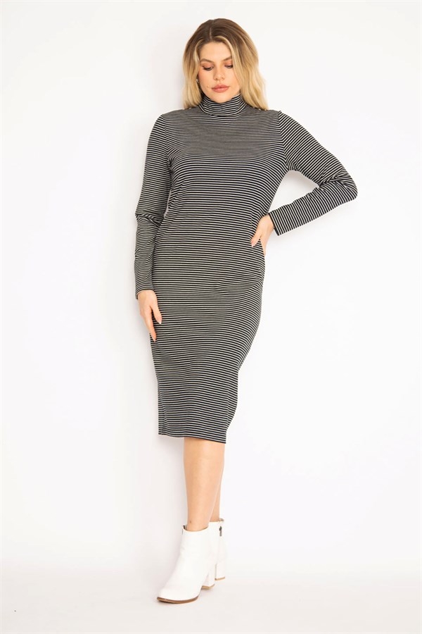 Kadın Siyah Balıkçı Yaka Çizgi Detaylı Viskon Elbise 85N7268