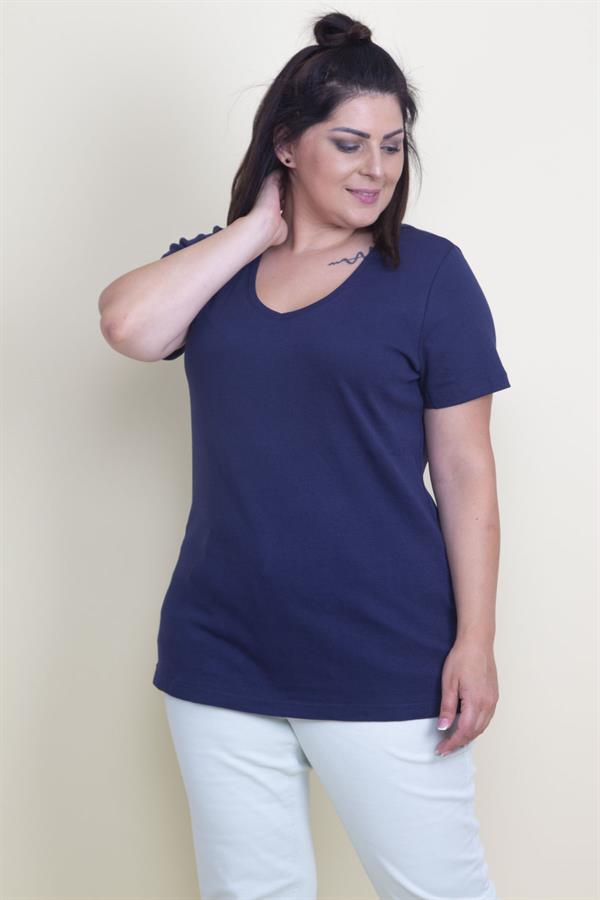Kadın Lacivert Pamuklu Kumaş V Yaka Bluz