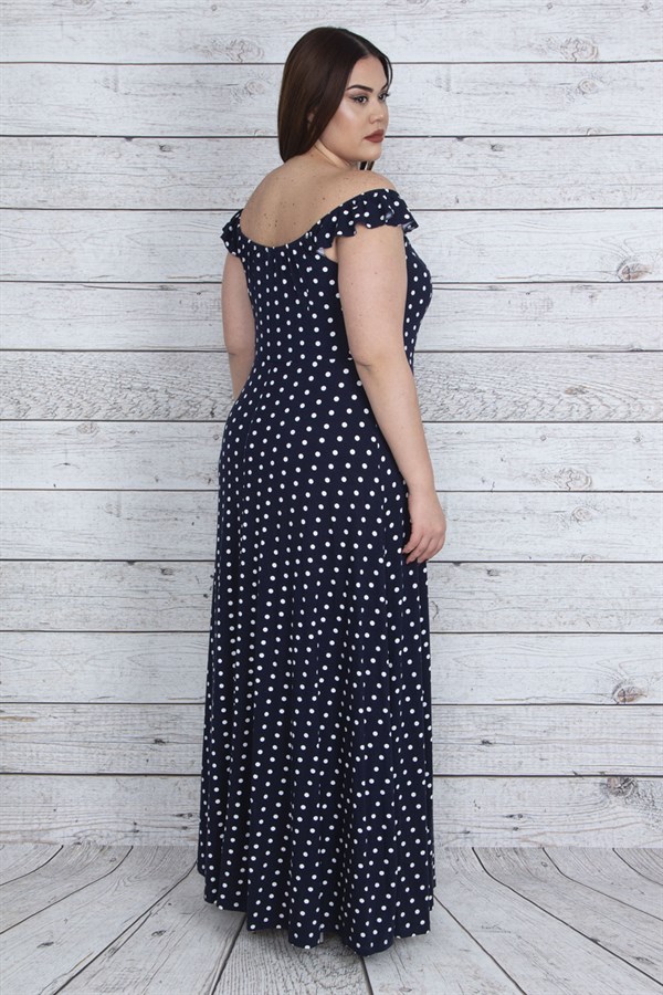 KADIN LACİVERT YAKA VE ASKILARI LASTİK DETAYLI PUAN DESENLİ YIRTMAÇLI UZUN ELBİSE