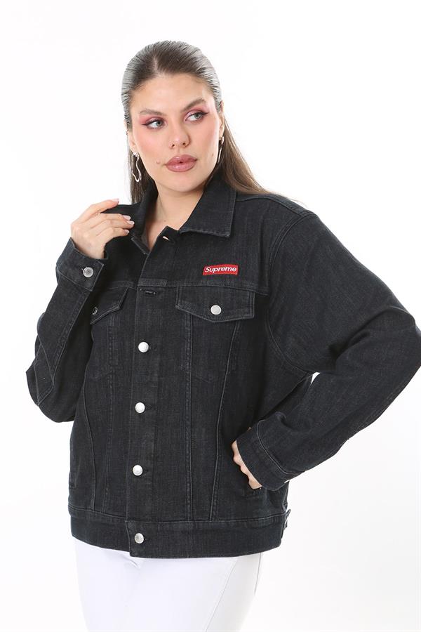 Kadın Büyük Beden Antrasit Metal Düğmeli Kup Detaylı Cepli Kot Mont 65N37714