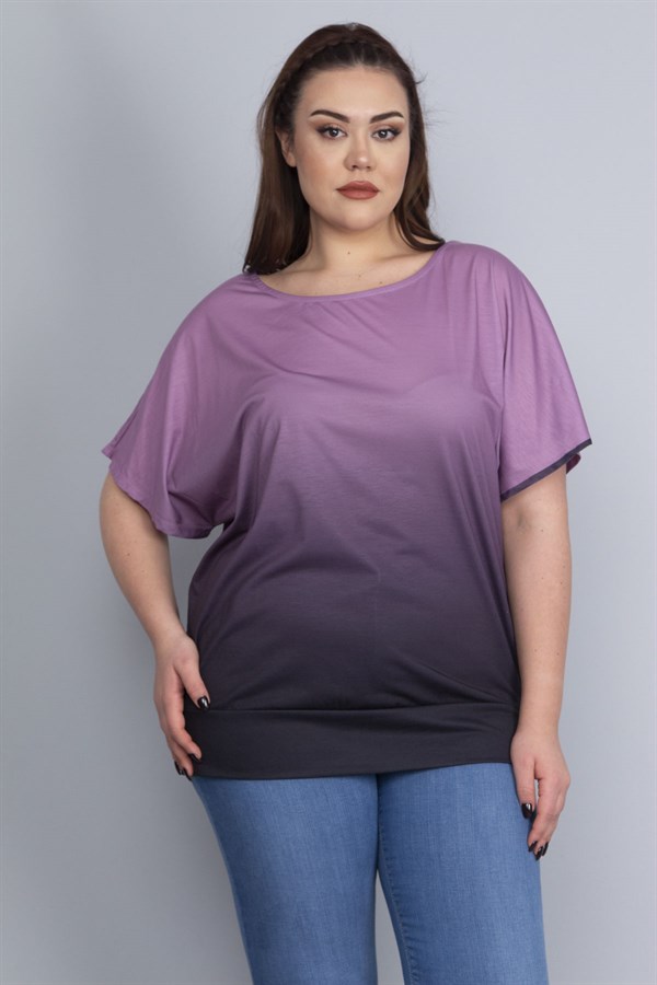 Kadın Lila Batik Desenli Düşük Kol Etek Ucu Bantlı Bluz 65N22754