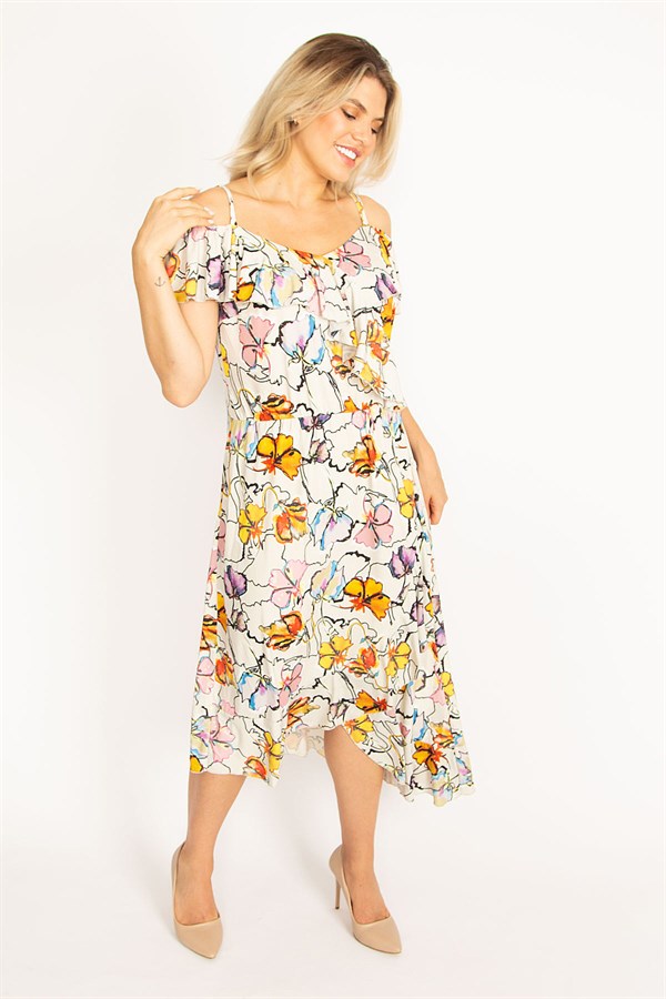 Kadın Renkli Yaka Lastikli Askı Ve Volan Detaylı Elbise 65N34441