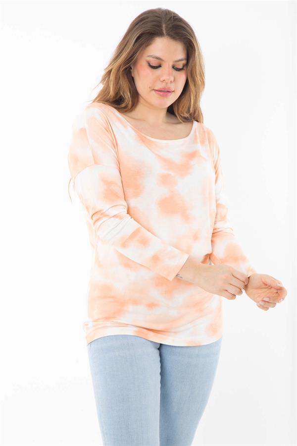 Kadın Büyük Beden Oranj Batik Desenli Uzun Kol Kollu Bluz 65N37363