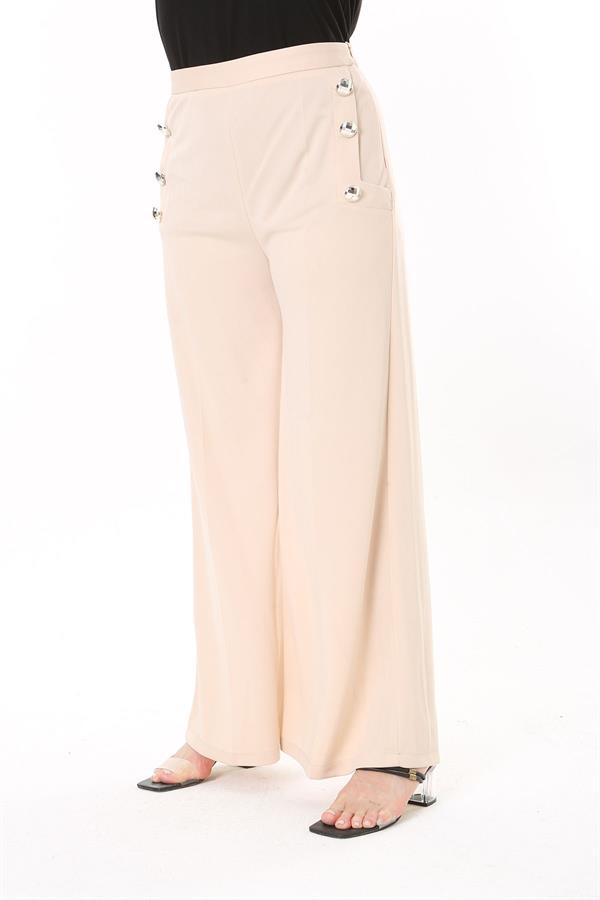 Kadın Büyük Beden Beyaz Süs Metal Düğmeli Cepsiz Pantolon 65N37817