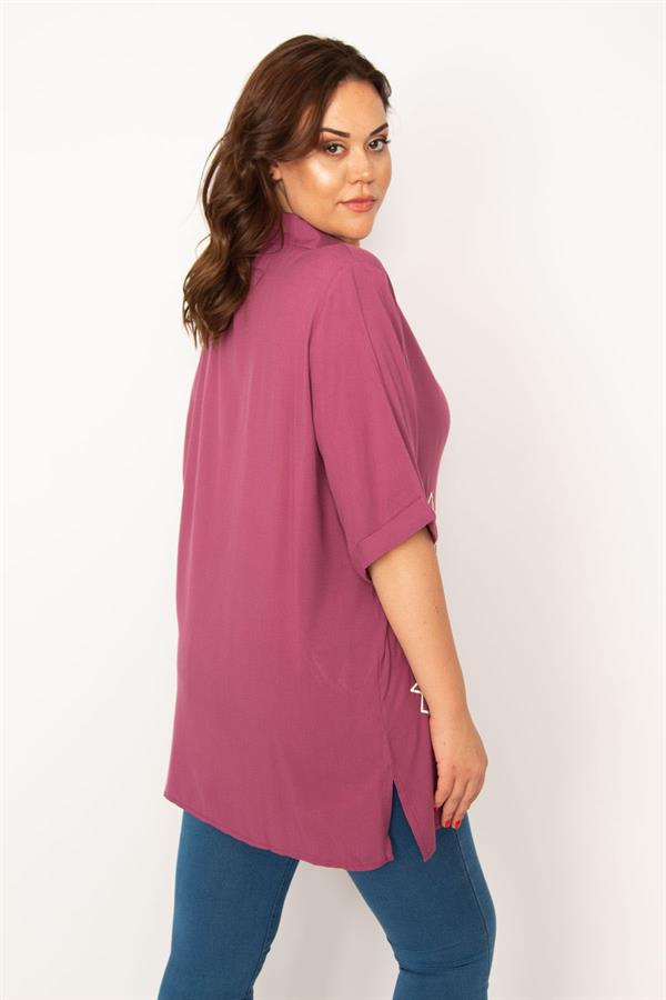 Kadın Mor Ön Düğmeli Baskı Detaylı Dokuma Viskon Kumaş Gömlek 65N33535