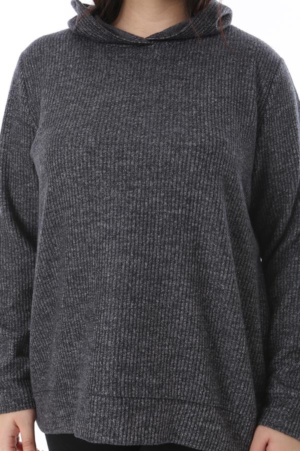 Kadın Büyük Beden Antrasit Yün Viskon Kumaş Kapşonlu Sweatshirt 65N38520