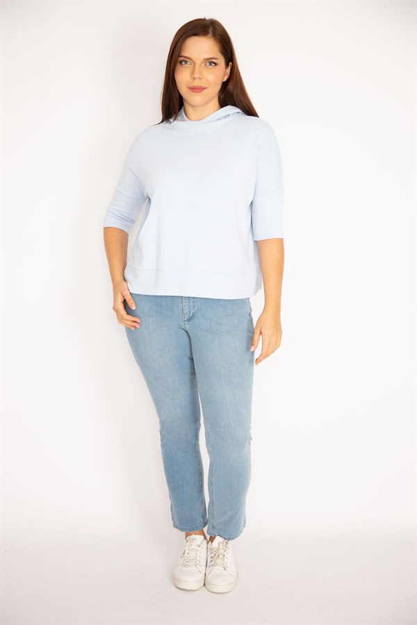 Women's Blue Hooded Kangaroo Pocket Sweatshirt 65N34973