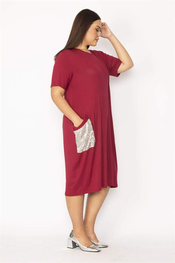 Kadın Bordo Cebi Payet Detaylı Viskon Elbise 65N28931