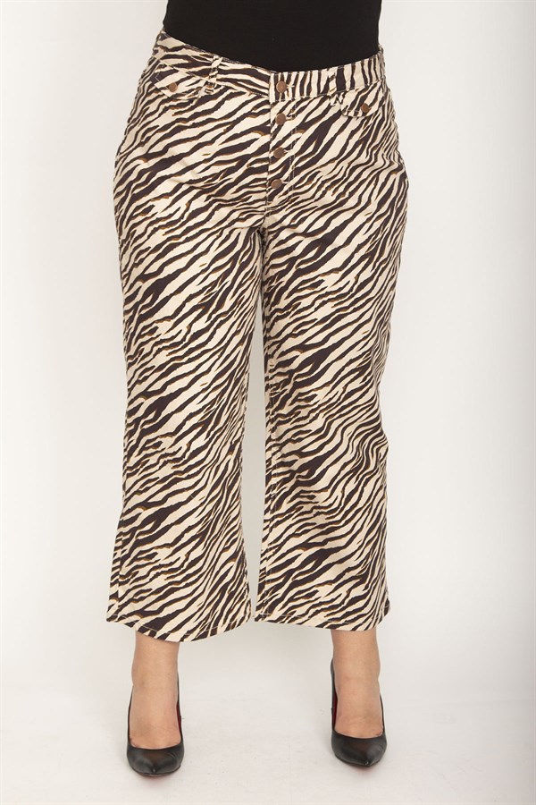 Kadın Kahve Likralı Gabardin Kumaş Geniş Paçalı Desenli Bilek Boy Pantolon 65N26184