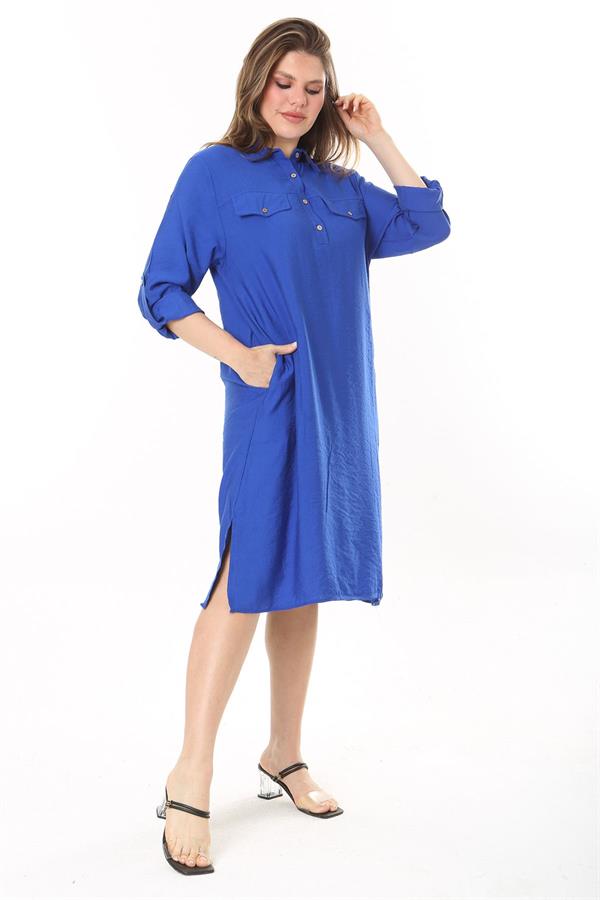 Kadın Büyük Beden Nar Ön Pat Düğmeli Süs Göğüs Cepli Kol Boyu Ayarlı Elbise 65N37871