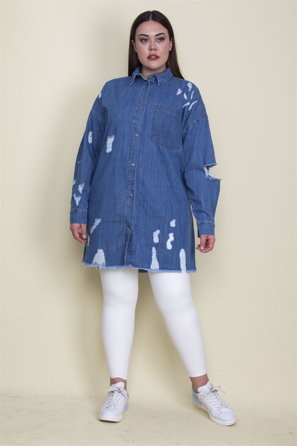 Kadın Mavi Yırtık Detaylı Salaş Kesim Oversize Kot Tunik Ceket 65N28046