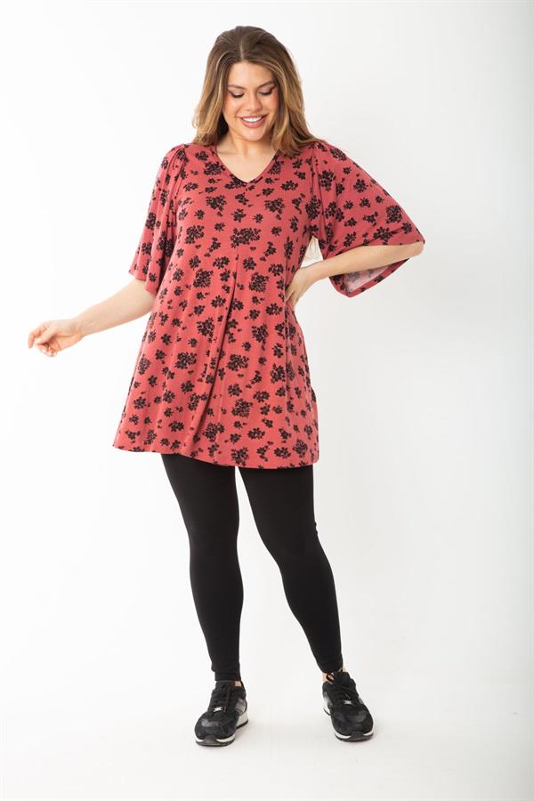 Kadın Büyük Beden Oranj Önü A Pileli V Yakalı Bluz 65N37663