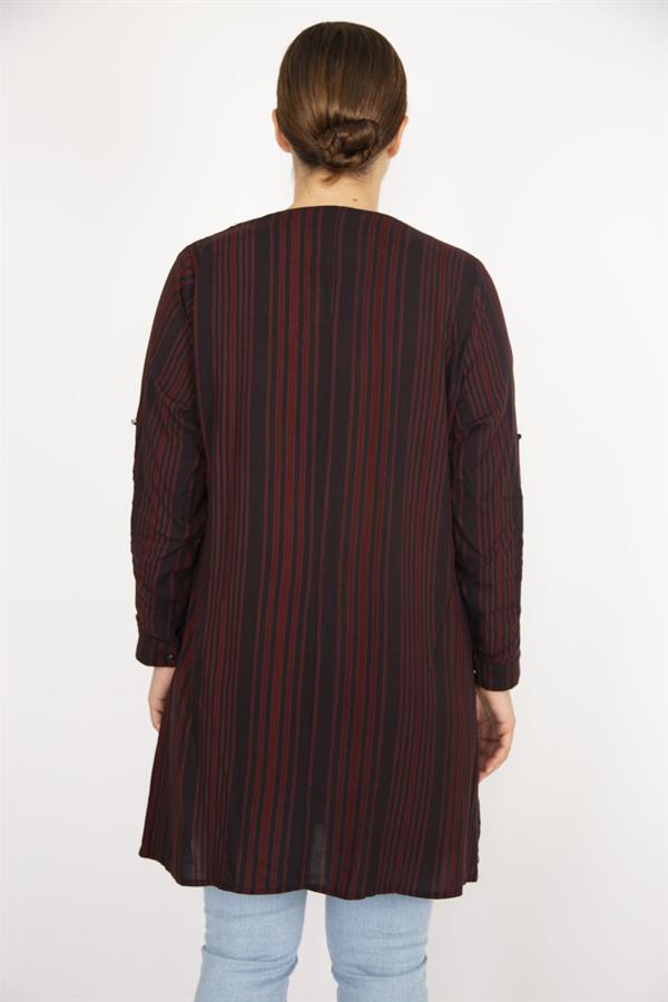 Kadın Büyük Beden Bordo V Yakalı Kol Boyu Ayarlı Tunik