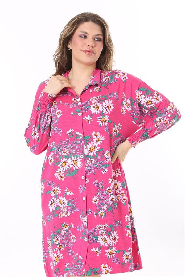 Kadın Büyük Beden Renkli Düğmeli Gömlek Yakalı Kol Ağzı Lastikli Elbise 65N37967