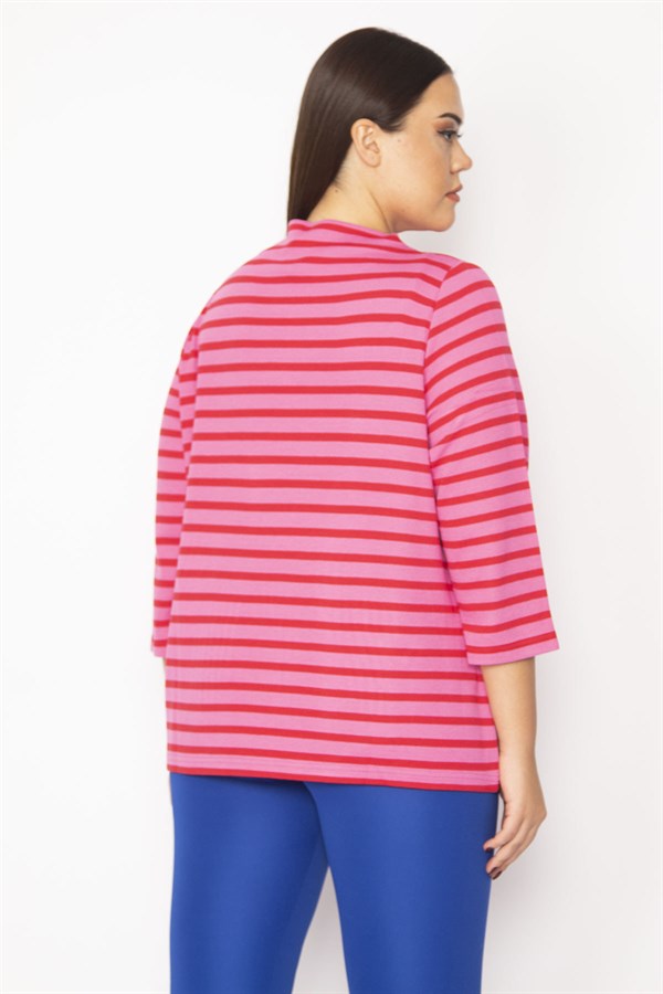 Kadın Fuşya Dik Yakalı Kapri Kollu Çizgili Bluz 65N29480