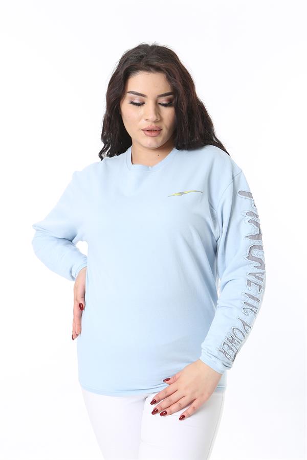 Women's Plus Size Blue Flock Sleeved Sweatshirt 65N38689