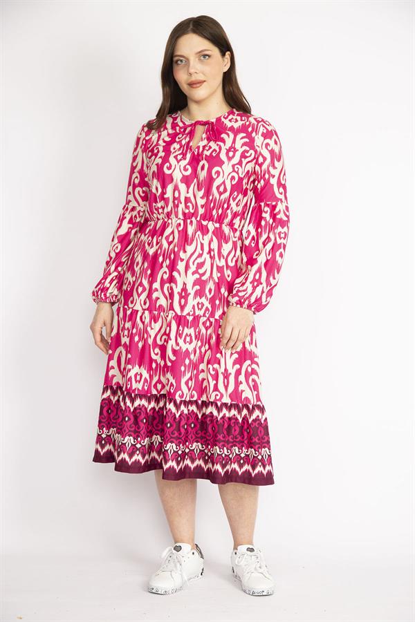 KADIN RENKLİ YAKA BAĞCIKLI KATLI UZUN ELBİSE