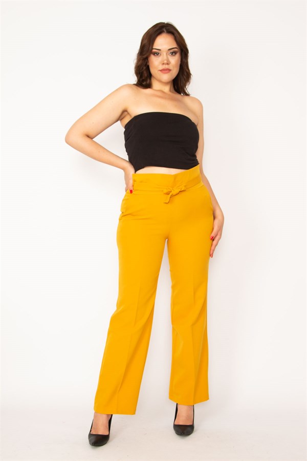 Kadın Hardal Beli Kuşak Bağlamalı Yan Gizli Fermuarlı Pantolon 65N33793