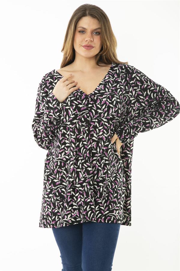 Kadın Büyük Beden Mor Yaka Pileli Kapri Kollu Bluz 65N37148