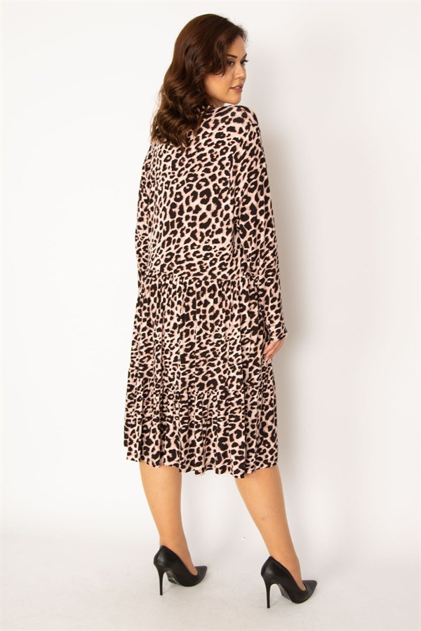 Kadın Kahve V Yakalı Ön Pat Yarım Düğmeli Bel Büzgülü Uzun Kollu Elbise 65N33705