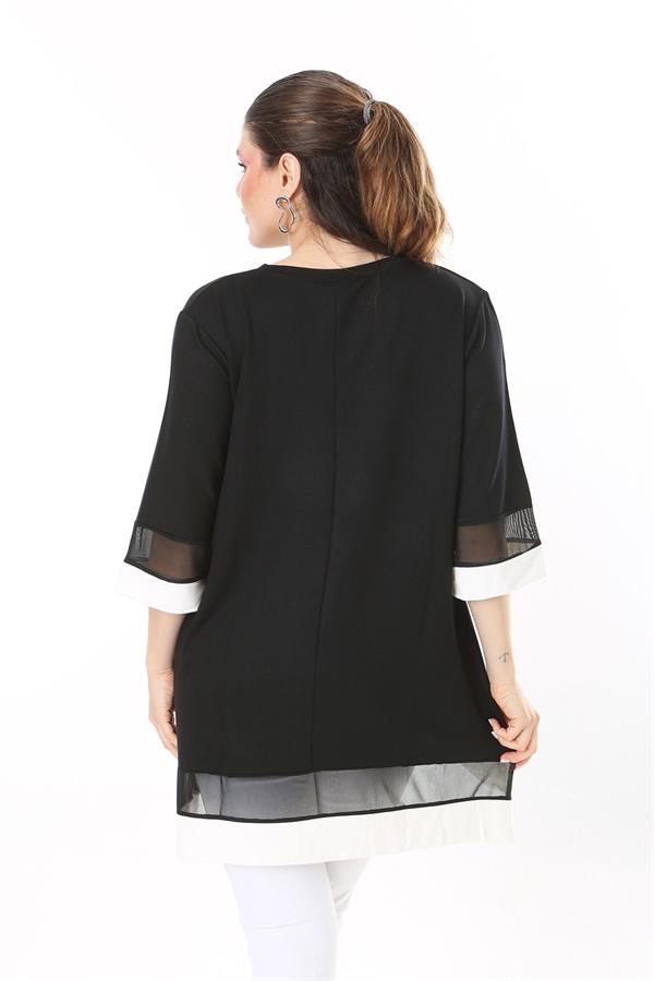 Kadın Büyük Beden Kemik Kol Ve Etek Ucu Tül Ve Garni Detaylı V Yakalı Arkası Uzun Tunik 65N37681