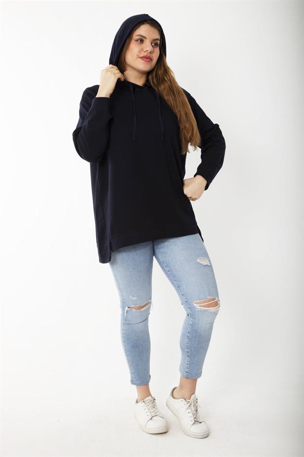 Women's Plus Size Navy Blue Relaxed Cut Side Slit Hooded Sweatshirt 65N37200