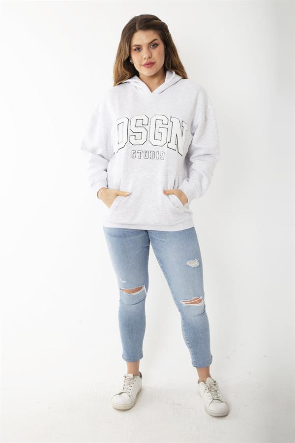 Kadın Büyük Beden Gri İçi Şardonlu Nakış Ve Kanguru Cep Detaylı Kapşonlu Sweatshirt 65N37206