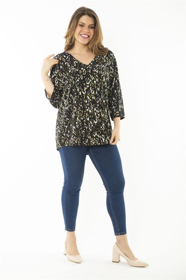 Kadın Büyük Beden Kahve Yaka Pileli Kapri Kollu Bluz 65N37147