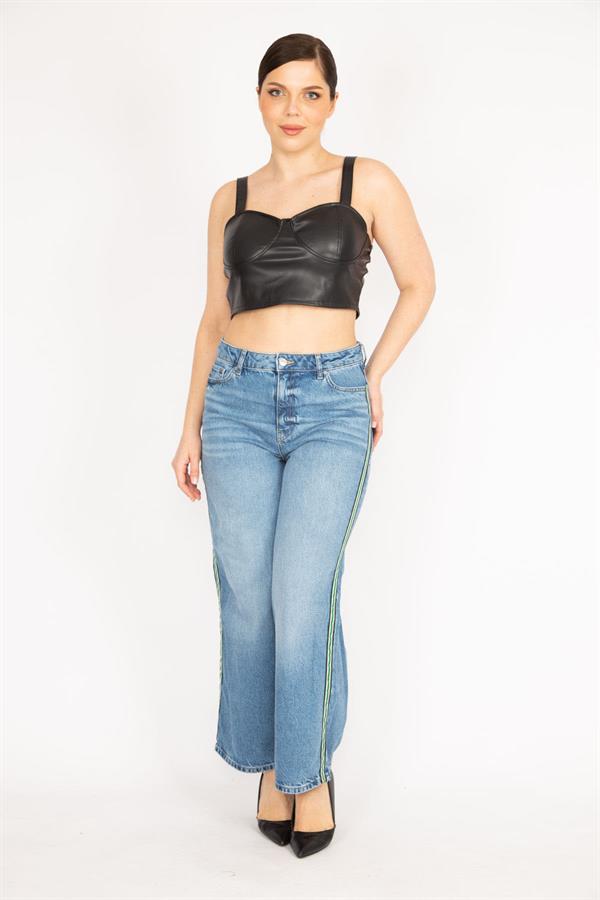 Kadın Mavi Büyük Beden Yan Şeritli 5 Cep Kot Pantolon