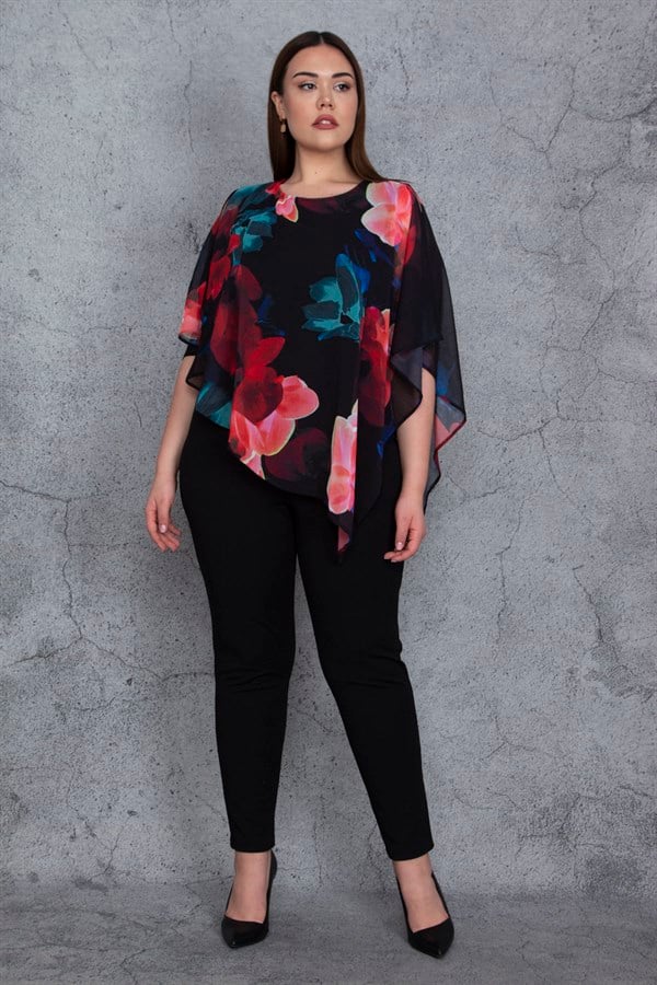 Kadın Siyah Üst Kısmı Şifon Pelerin Detaylı Tulum 65N23917