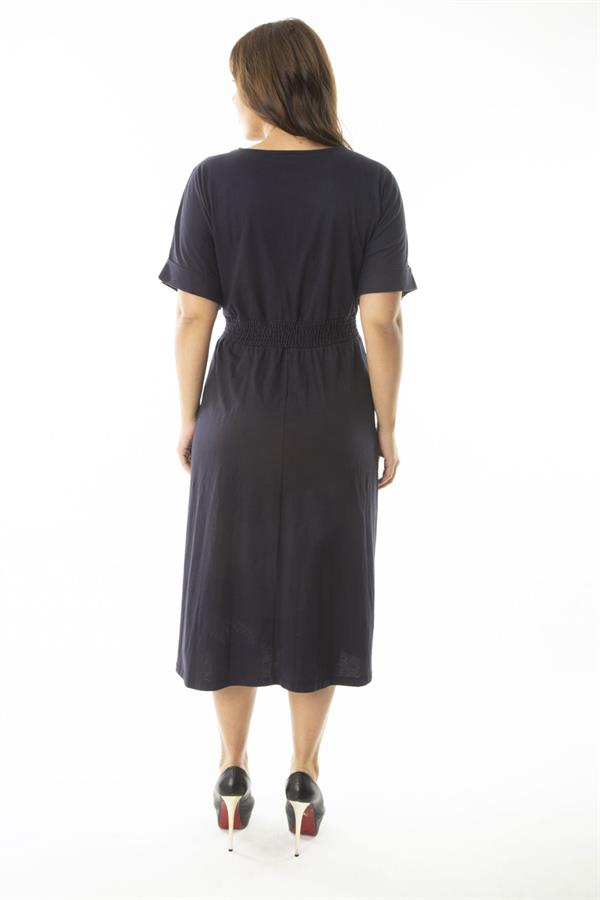 Kadın Büyük Beden Lacivert Beli Gipe Lastik Detaylı Yarasa Kol Elbise 65N36900