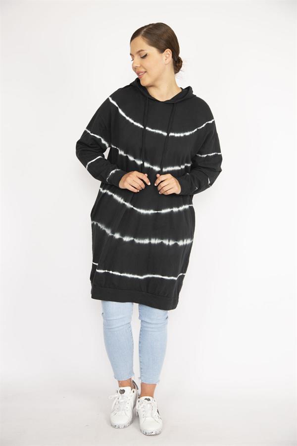 Kadın Büyük Beden Siyah Batik Desenli Kapşonlu Uzun Sweatshirt